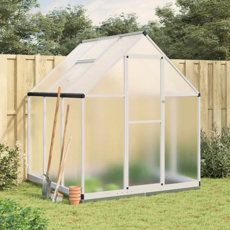 Gewächshaus mit Fundamentrahmen silbern aus Aluminium 169x169x202 cm, UV-beständig mit Polycarbonatplatten, wetterfestes Treibhaus für Garten, Balkon, Terrasse zur Pflanzenüberwinterung – Bild 1