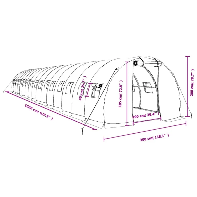 Gewächshaus mit Stahlrahmen und PE-Abdeckung Grün 16x3x2 m 48 m², mit aufrollbaren Netzfenstern und Reißverschlusstür für Garten, Outdoor Pflanzen Schutz und Gemüse Anzucht – Bild 9