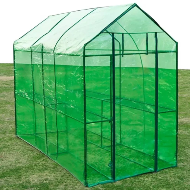 Gewächshaus Stahl XL mit pulverbeschichtetem Stahlrahmen, grüner reißfester PVC-Folie, Größe 120 x 240 x 190 cm, 2 Regale, wetterfestes Pflanzenhaus für Tomaten, Gemüseanbau, Balkon – Bild 5