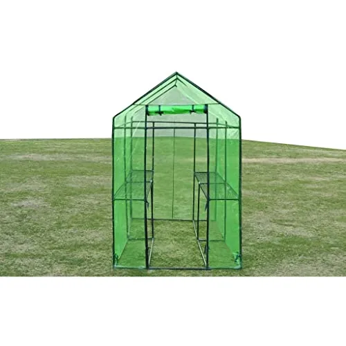 Gewächshaus Stahl XL mit pulverbeschichtetem Stahlrahmen, grüner reißfester PVC-Folie, Größe 120 x 240 x 190 cm, 2 Regale, wetterfestes Pflanzenhaus für Tomaten, Gemüseanbau, Balkon – Bild 7