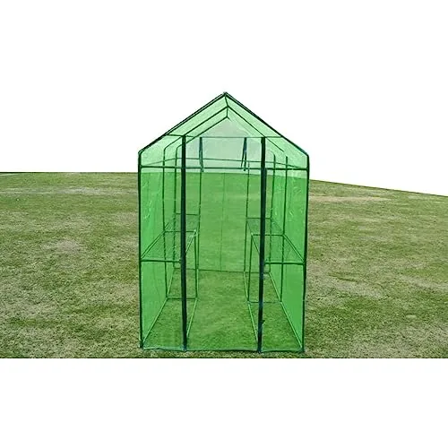 Gewächshaus Stahl XL mit pulverbeschichtetem Stahlrahmen, grüner reißfester PVC-Folie, Größe 120 x 240 x 190 cm, 2 Regale, wetterfestes Pflanzenhaus für Tomaten, Gemüseanbau, Balkon – Bild 8