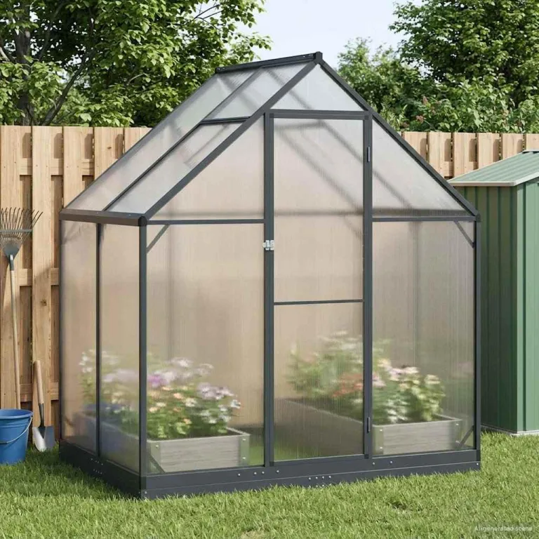 Garten Gewächshaus Anthrazit mit Tür aus Aluminium und verzinktem Stahl 183,5 x 183,5 x 207 cm wetterbeständig stabil begehbar für Tomatenhaus und Gemüseanbau im Freiland auf Balkon oder – Bild 9