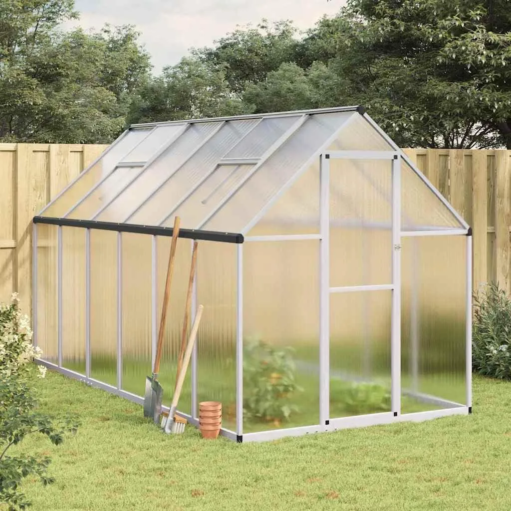 Gewächshaus mit Fundamentrahmen Aluminium Silber 334x169x195cm begehbar mit UV-beständigen Polycarbonatplatten für Pflanzenhaus, Tomatenhaus, Pflanzenschutz, Gemüseanbau, Balkon