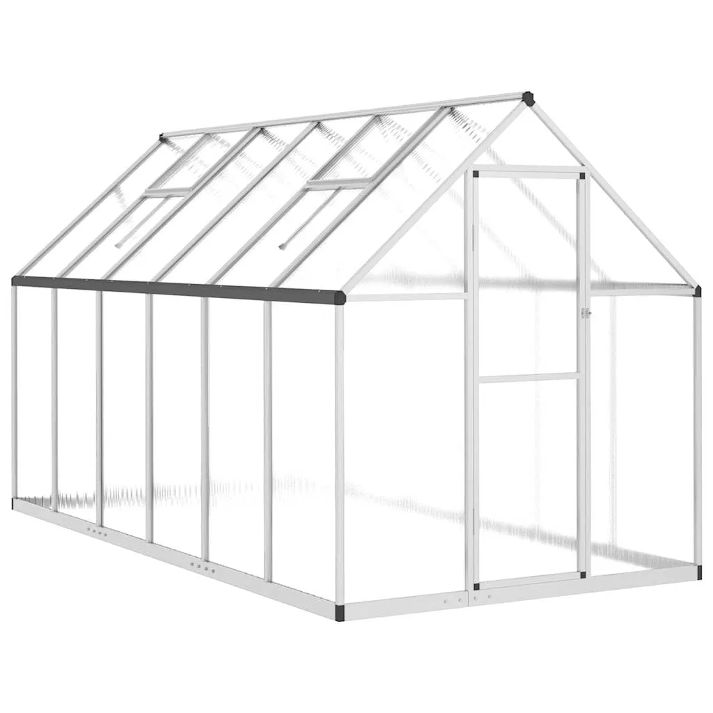 Aluminium-Gewächshaus mit Fundamentrahmen Silber 334x169x195cm, Polycarbonatplatten, Dachrinnensystem und 5-Fach verstellbarem Lüftungsfenster für Hobbygartenbau