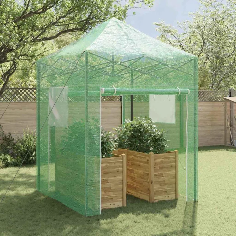 Pop-up Gewächshaus mit Eisenrahmen Grün 200 x 200 x 300 cm, begehbares Treibhaus für Garten Terrasse Beet, Folientunnel für Tomatenhaus, Frühbeet und frostgeschützte Anzucht – Bild 2