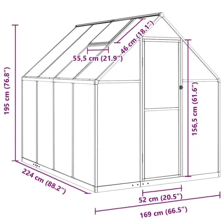 Gewächshaus mit Fundamentrahmen aus Aluminium, 224x169x195 cm, 3,79 m2, Polycarbonat 4 mm, UV-beständig, mit Lüftungsfenster, Regenrinnen, für Tomatenhaus und Frostschutz im Garten – Bild 9