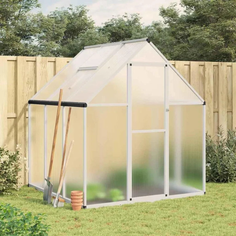Gewächshaus mit Fundamentrahmen, silbern, 169x169x195 cm, Aluminium und Polycarbonat, UV-beständig, 4 mm Platten, Lüftungsfenster, Regenrinnen, für Tomatenhaus und Frostschutz – Bild 1