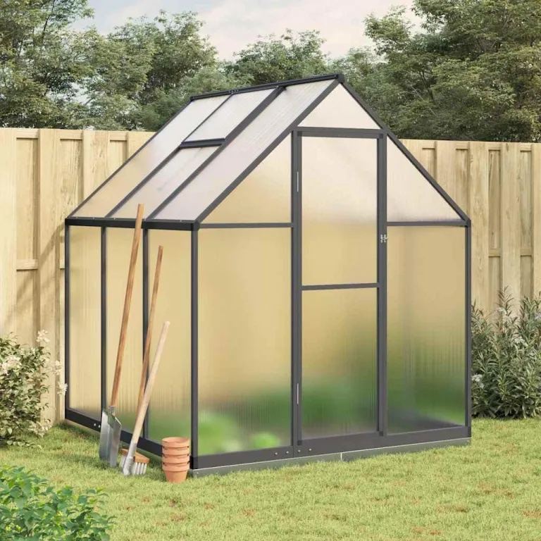 Gewächshaus mit Fundamentrahmen Anthrazit 169x169x202 cm Alu, Polycarbonat Platten 4 mm, mit Lüftungsfenster, Regenrinne und Flügeltür, für Gartenbau und Anzucht – Bild 1